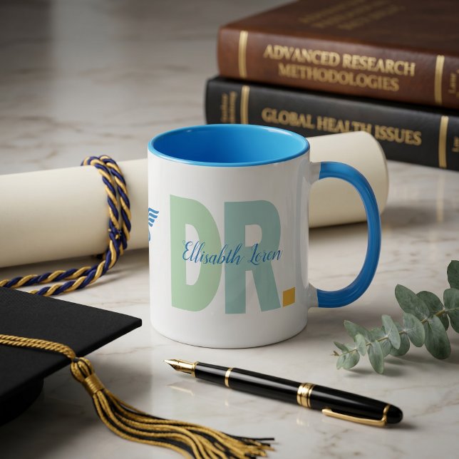 Personalized Doctor PhD Graduation Mug  (Personalized Doctor PhD Graduation Mug - Custom Two-Tone Dusty Green Coffee Cup with DR. & Family Na)