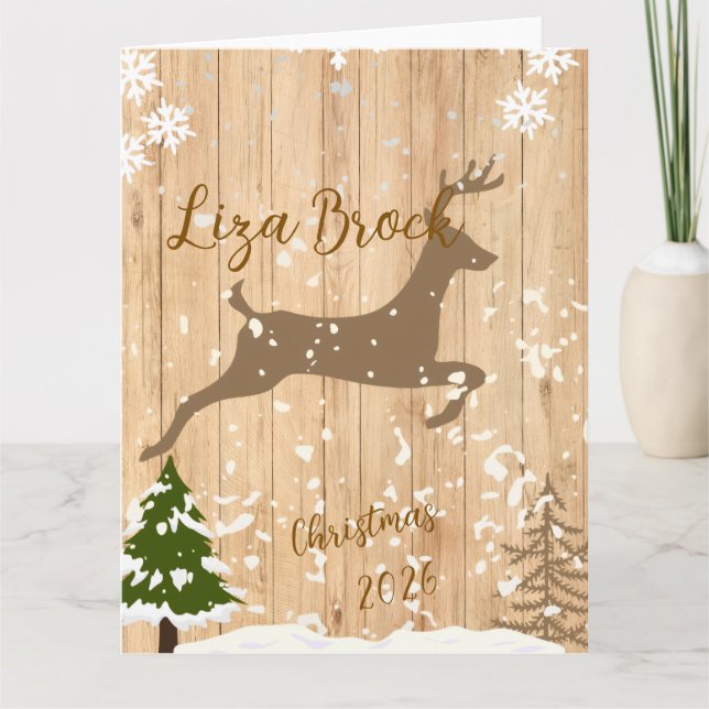 Personalized doe Christmas bauble wooden backgroun Card (Front)
