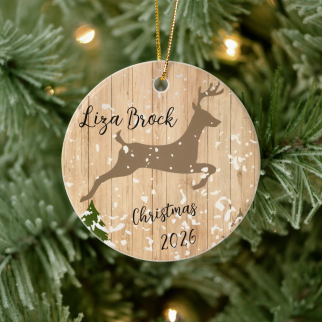 Personalized doe Christmas bauble wooden backgroun Ceramic Ornament (Tree)
