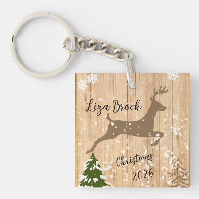 Personalized doe Christmas bauble wooden backgroun Keychain (Front)