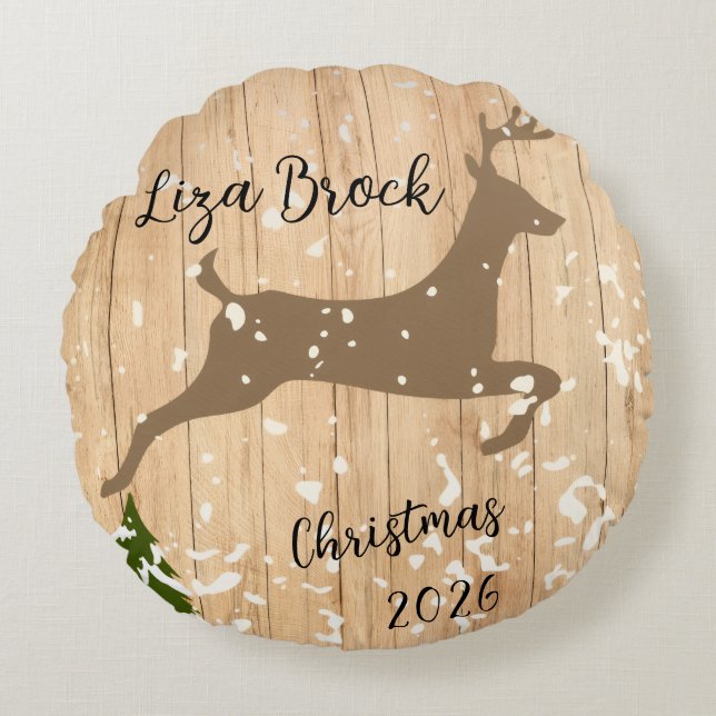 Personalized doe Christmas bauble wooden backgroun Round Pillow (Front)