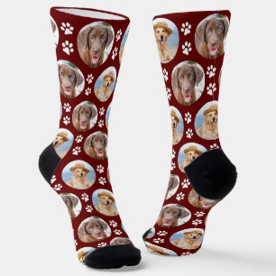 Personalized Dog 2 Photo Cute Red Pet Paw Prints Socks
