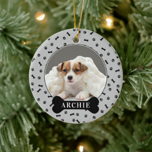 Personalized Dog Bone & Pawprint Holiday Photo Pet Ceramic Ornament