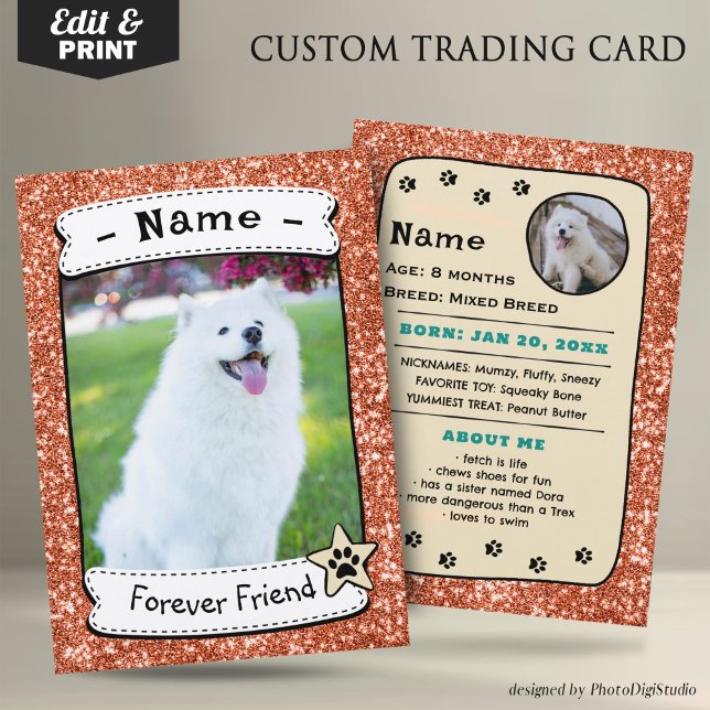 Personalized Dog Cards Pet Trading Card Template (Glitter Orange Neutral Pet Trading Card Dog Trading Card Therapy Dog)