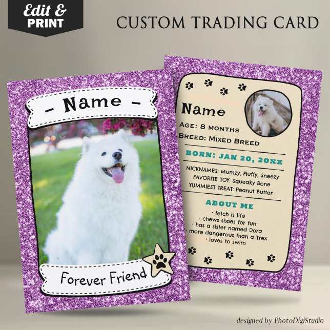 Personalized Dog Cards Pet Trading Card Template (Glitter Pink Pet Trading Card Dog Trading Card Therapy Dog)