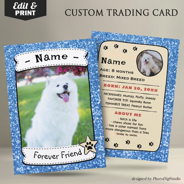 Personalized Dog Cards Pet Trading Card Template (Glitter Blue Pet Trading Card Dog Trading Card Therapy Dog)