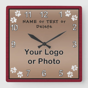 Personalized Dog Clock, Your TEXT,  PHOTO or LOGO Square Wall Clock