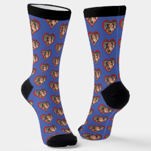 Personalized Dog Face Head in Heart on Blue Socks