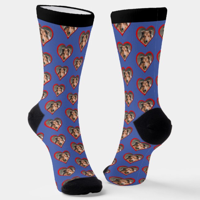 Personalized Dog Face Head in Heart on Blue Socks (Angled)
