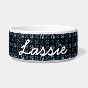 Personalized Dog Food Dish Blue Dog Prints & Bones