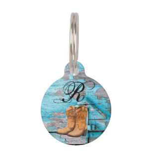 Personalized Dog ID Tag Blue Wood Barn Door Boots