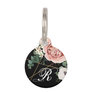 Personalized Dog ID Tag Geometric Garden Rose Blac