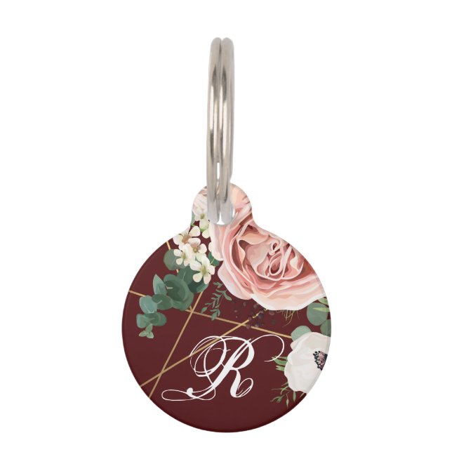 Personalized Dog ID Tag Geometric Garden Rose Wine (Front)