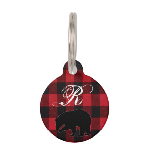 Personalized Dog ID Tag Red Buffalo Plaid Bear Bla