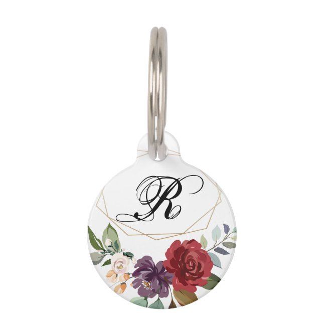 Personalized Dog ID Tag White Roses Gold Geo (Front)