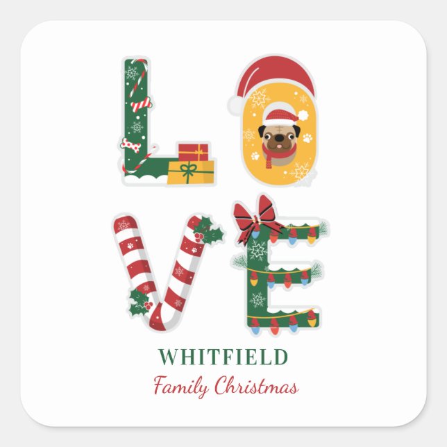 Personalized Dog LOVE Family Christmas Holiday Square Sticker (Front)