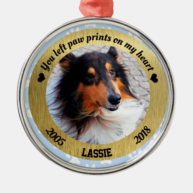 Personalized Dog Memorial Blue And Gold Christmas Metal Ornament (Front)