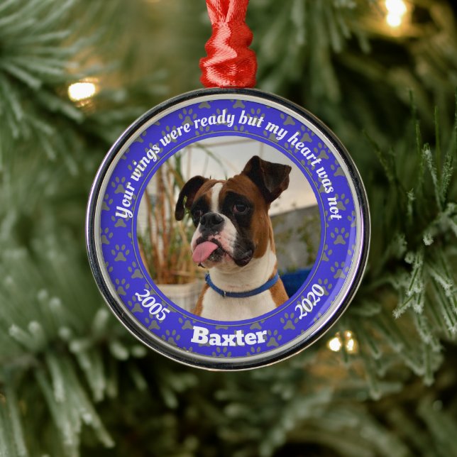 Personalized Dog Memorial Blue Paw Print Metal Ornament (Tree)