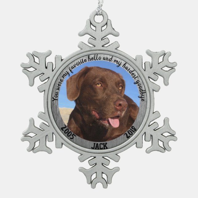Personalized Dog Memorial My Favourite Hello Snowflake Pewter Christmas Ornament (Front)