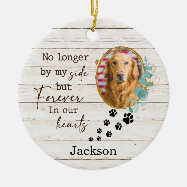 Personalized Dog Memorial Paw Prints Photo Ceramic Ornament (Front)