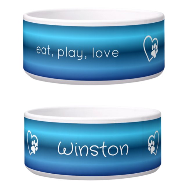 Personalized Dog Name Bowl Blue 'eat, play, love' (Creator Uploaded)