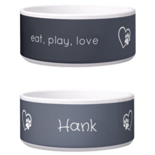 Personalized Dog Name Bowl Grey 'eat, play, love'