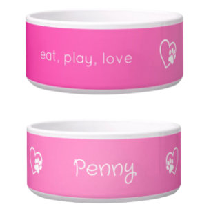 Personalized Dog Name Bowl Pink 'eat, play, love'