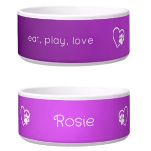 Personalized Dog Name Bowl Purple eat, play, love