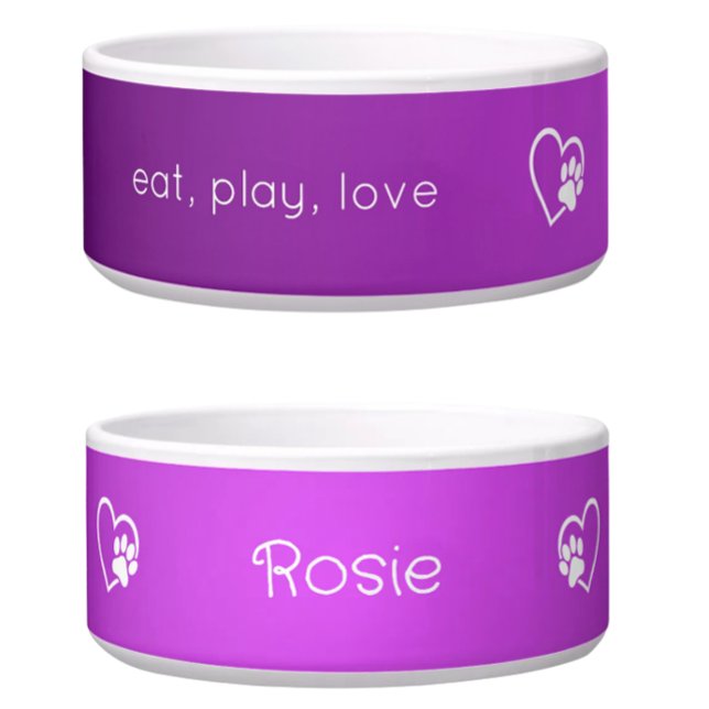 Personalized Dog Name Bowl Purple eat, play, love (Creator Uploaded)