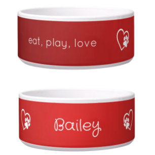 Personalized Dog Name Bowl Red 'eat, play, love'