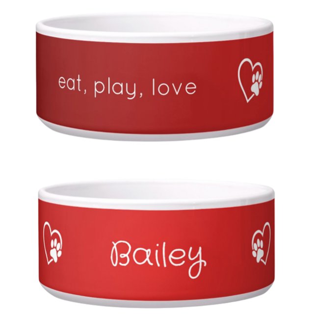 Personalized Dog Name Bowl Red 'eat, play, love' (Creator Uploaded)
