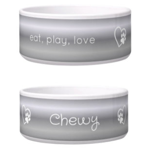 Personalized Dog Name Bowl Silver eat, play, love