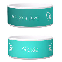 Personalized Dog Name Bowl Teal 'eat, play, love'