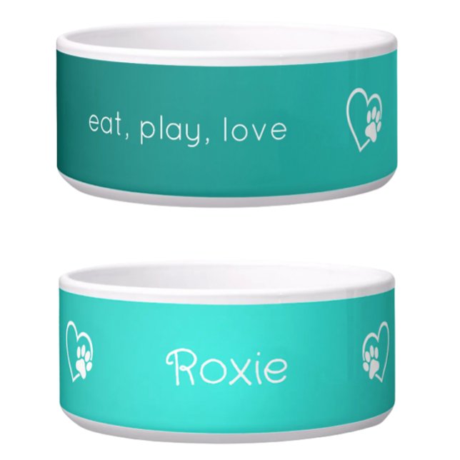 Personalized Dog Name Bowl Teal 'eat, play, love' (Creator Uploaded)