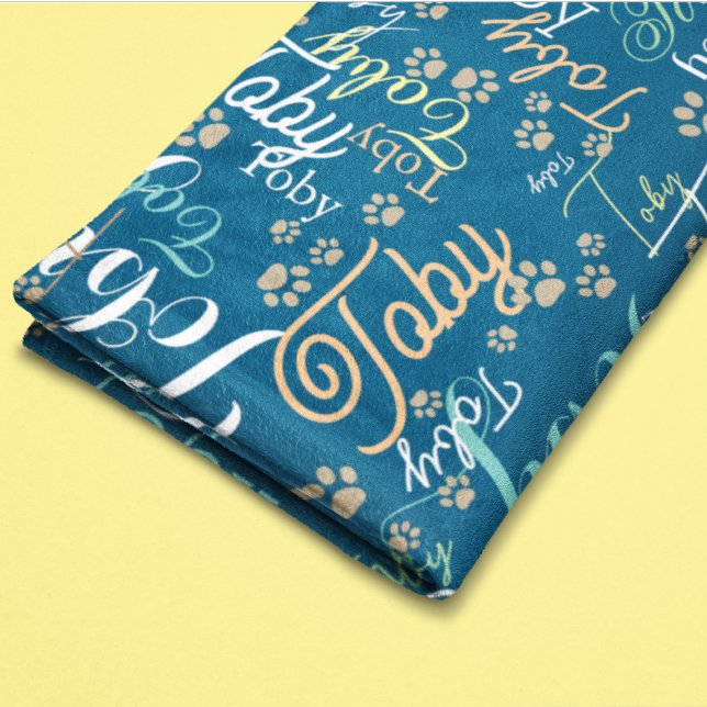 Personalized Dog Name & Paws all over blue Fleece Blanket (Creator Uploaded)
