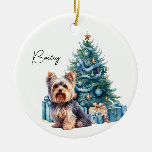 Personalized Dog Name Yorkie with Christmas Tree Ceramic Ornament (Front)