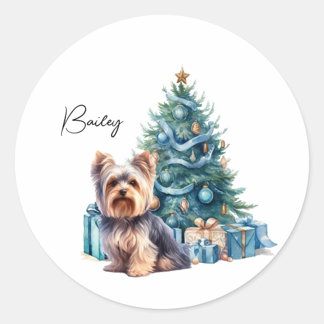 Personalized Dog Name Yorkie with Christmas Tree Classic Round Sticker (Front)