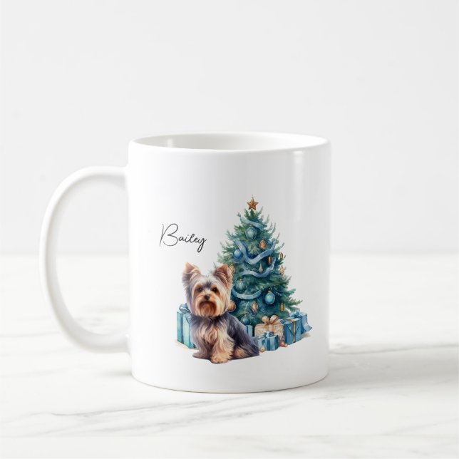 Personalized Dog Name Yorkie with Christmas Tree Coffee Mug (Left)