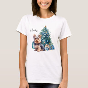Personalized Dog Name Yorkie with Christmas Tree T-Shirt