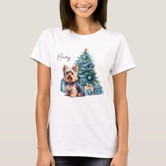 Personalized Dog Name Yorkie with Christmas Tree T-Shirt (Front)