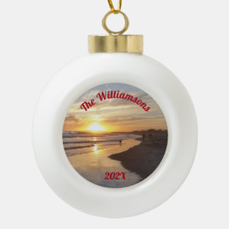 Personalized Dog on Beach at Sunset Ceramic Ball Christmas Ornament