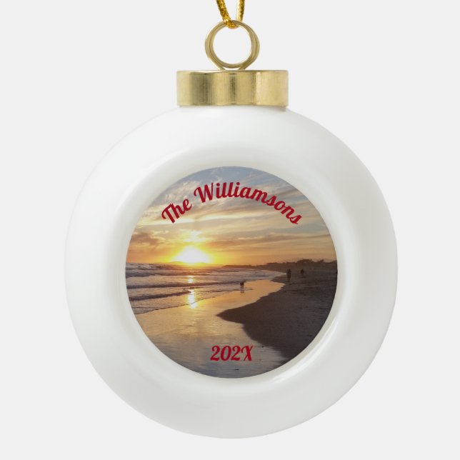 Personalized Dog on Beach at Sunset Ceramic Ball Christmas Ornament (Front)