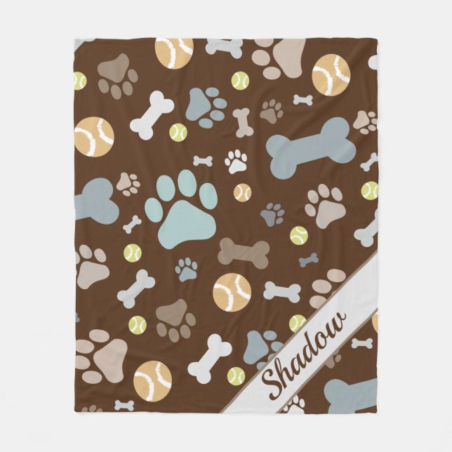 Personalized Dog Paw Bone Brown Fleece Blanket (Front)