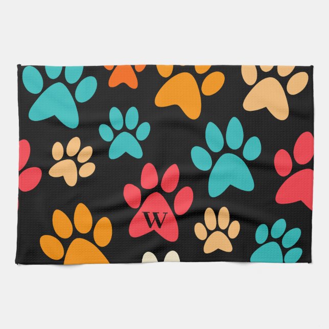 Personalized Dog Paw Print Monogram Dog Lover Kitchen Towel (Horizontal)