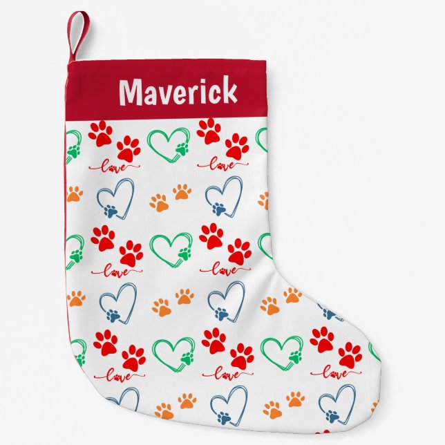 Personalized DOG PAW PRINTS and LOVE HEARTS Small Christmas Stocking (Front)
