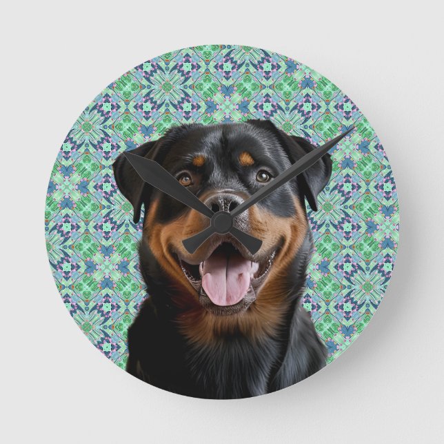 🐾Personalized Dog Pet Photo Green Mandala Pattern Round Clock (Front)