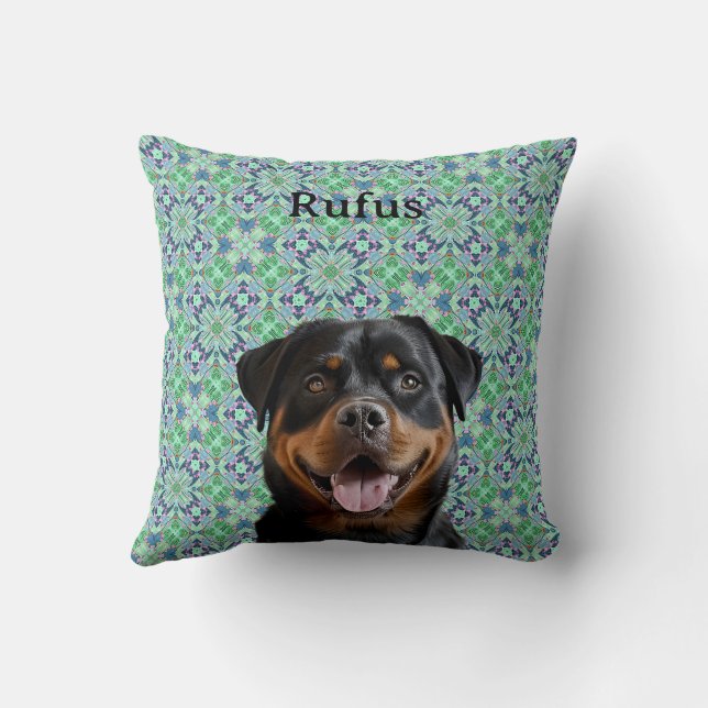 🐾Personalized Dog Pet Photo Green Mandala Pattern Throw Pillow (Back)