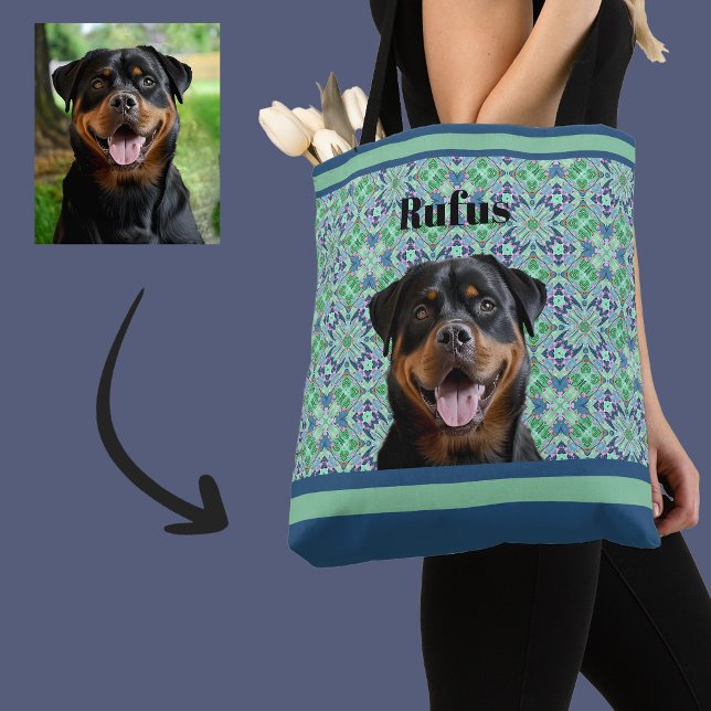 🐾Personalized Dog Pet Photo Green Mandala Pattern Tote Bag (Creator Uploaded)