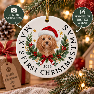 Personalized Dog Photo Christmas Santa Hat Ceramic Ornament
