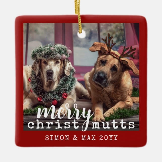 Personalized Dog Photo Cute Red Christmas Ceramic Ornament (Front)